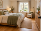 Guest bedroom with a reading chair and closed storage, illustrating what to do with an empty nest bedroom.