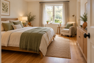Guest bedroom with a reading chair and closed storage, illustrating what to do with an empty nest bedroom.