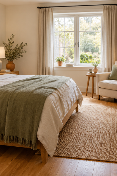 Guest bedroom with a reading chair and closed storage, illustrating what to do with an empty nest bedroom.