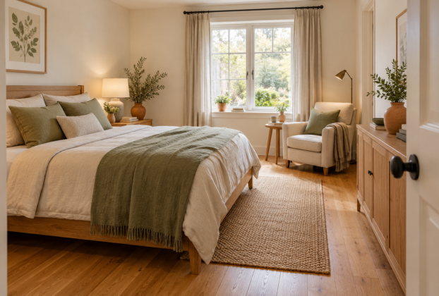 Guest bedroom with a reading chair and closed storage, illustrating what to do with an empty nest bedroom.