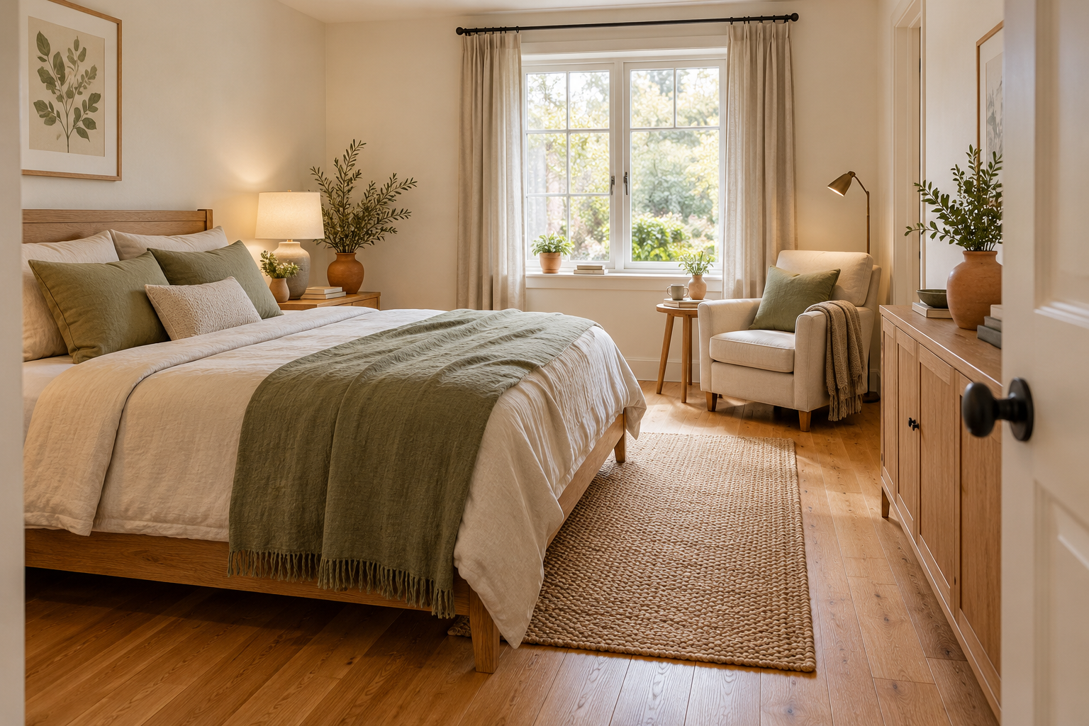 Guest bedroom with a reading chair and closed storage, illustrating what to do with an empty nest bedroom.