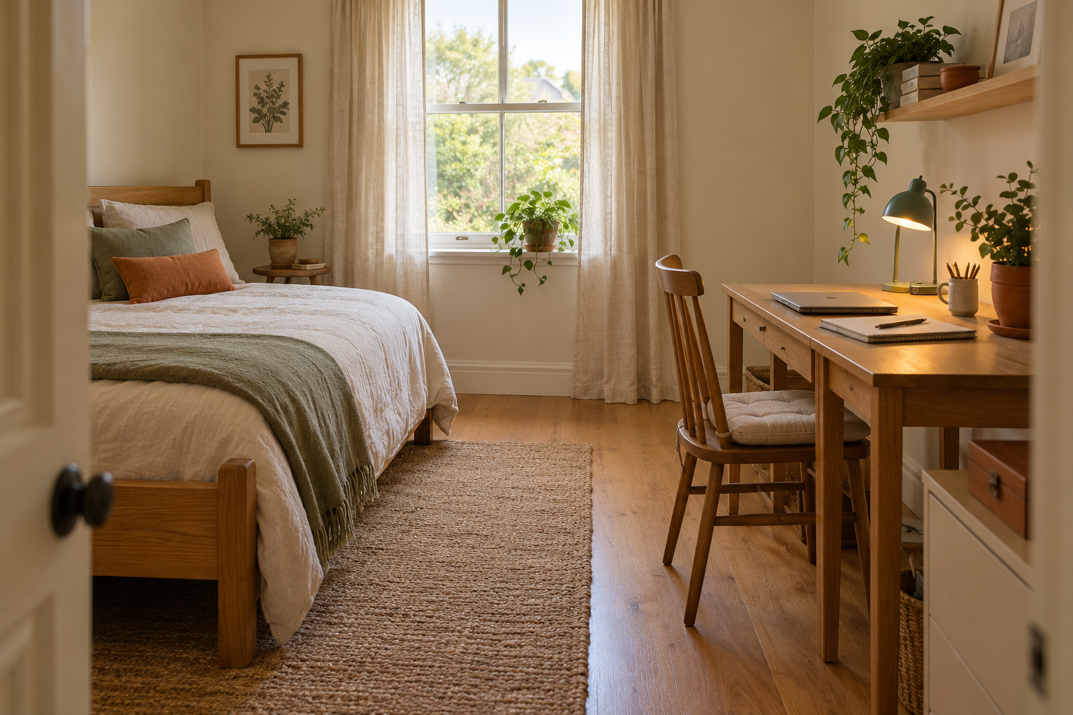 Simple wooden desk and chair beside a guest bed, with a portable lamp and clear space between the furniture.