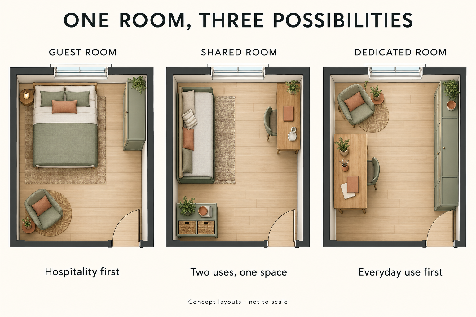 Concept layouts showing what to do with an empty nest bedroom: a guest room, shared guest and work room, or dedicated activity room.