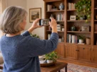 Woman photographing living-room belongings for a home inventory checklist