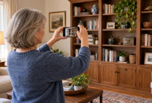 Woman photographing living-room belongings for a home inventory checklist