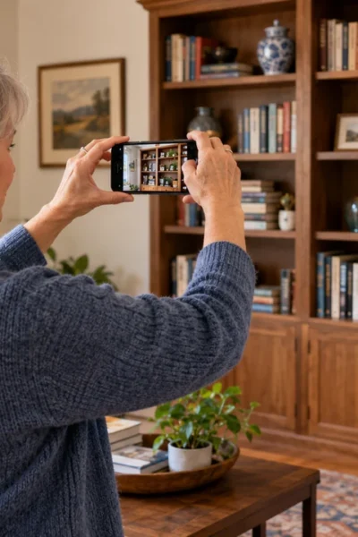 Woman photographing living-room belongings for a home inventory checklist