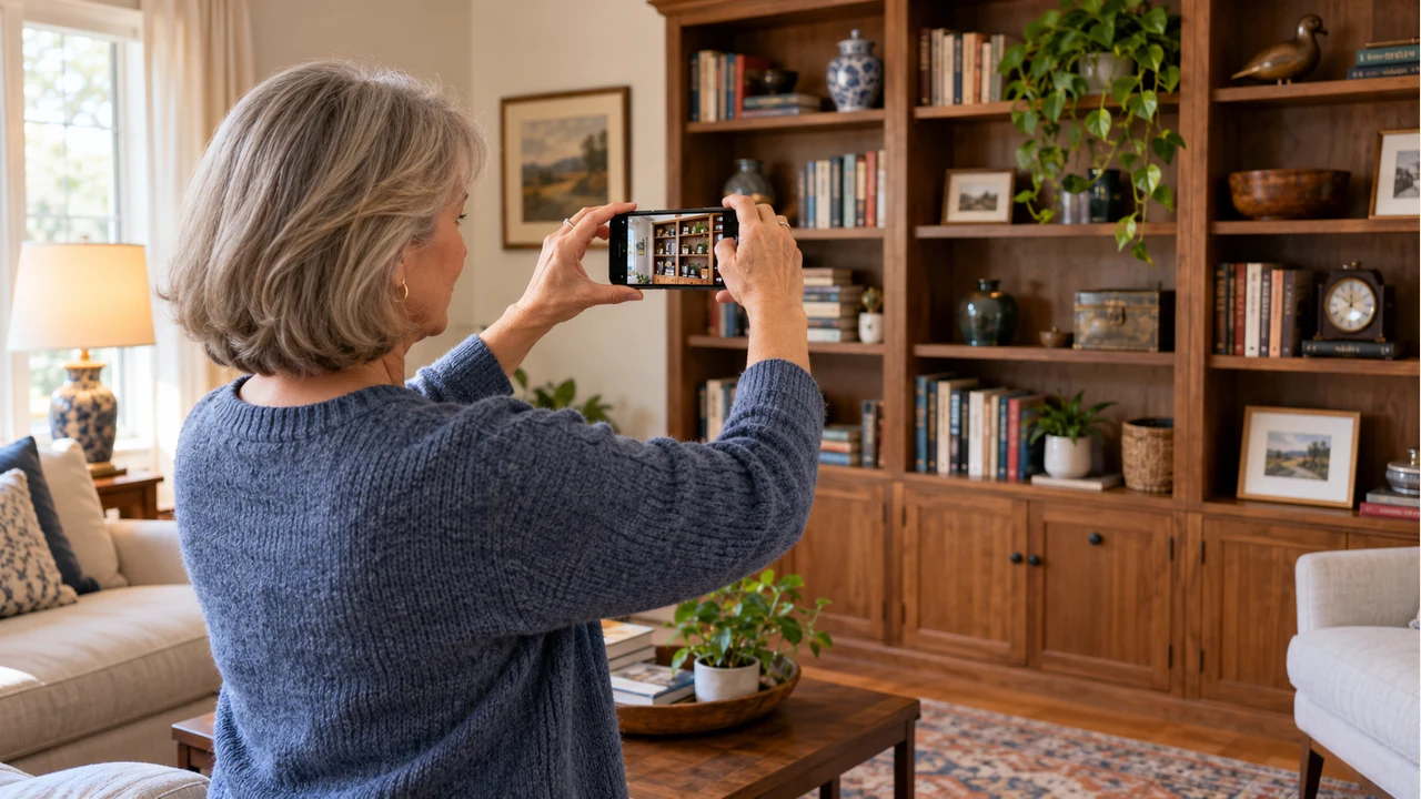 Woman photographing living-room belongings for a home inventory checklist