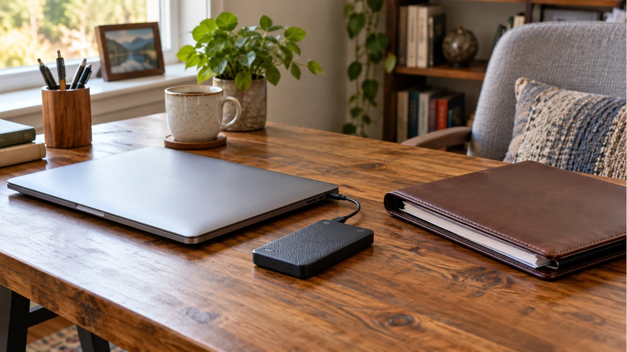 Laptop, external drive, and closed document folder on a home-office desk