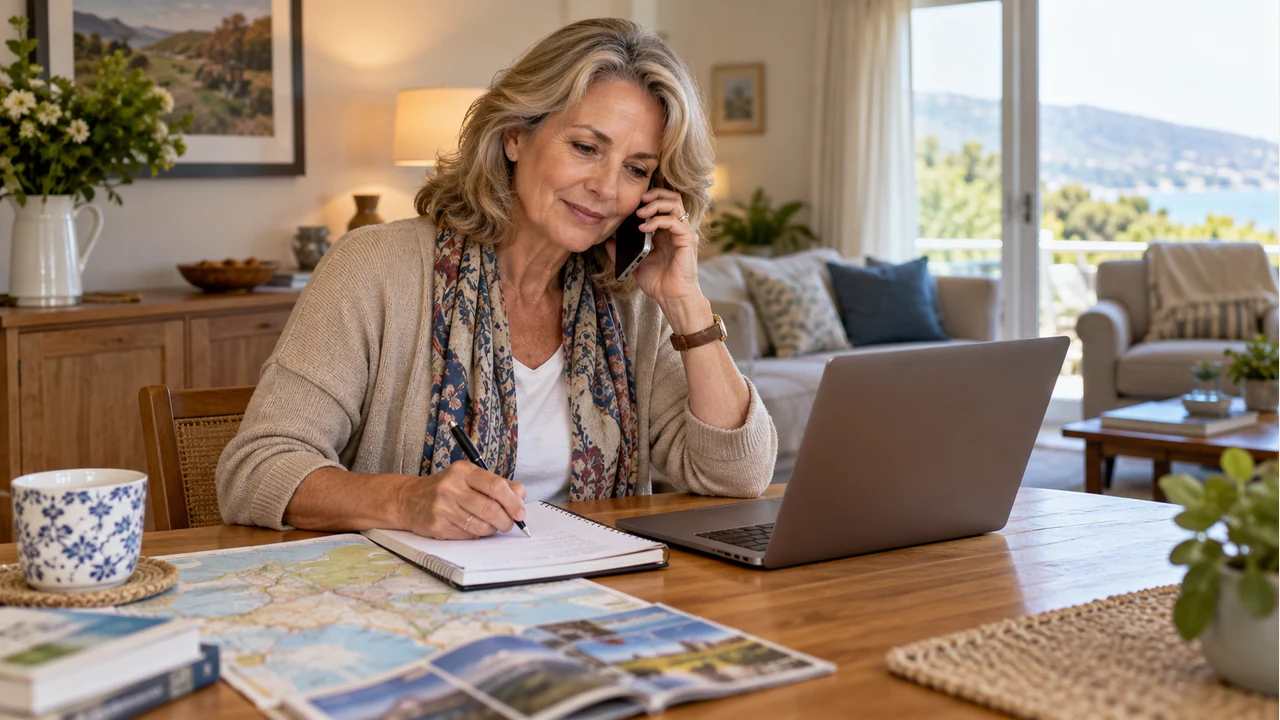 Woman calling a hotel with her booking questions and notebook ready