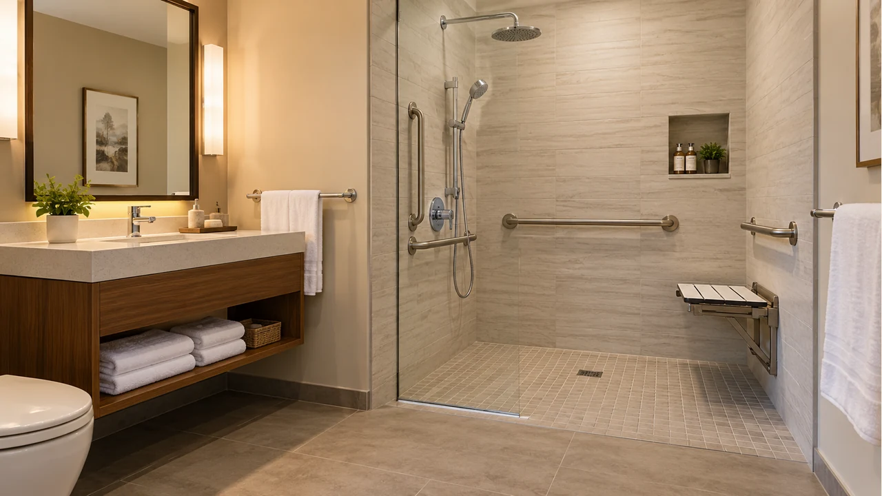 Hotel bathroom with level-entry shower, grab bars, and a fold-down seat