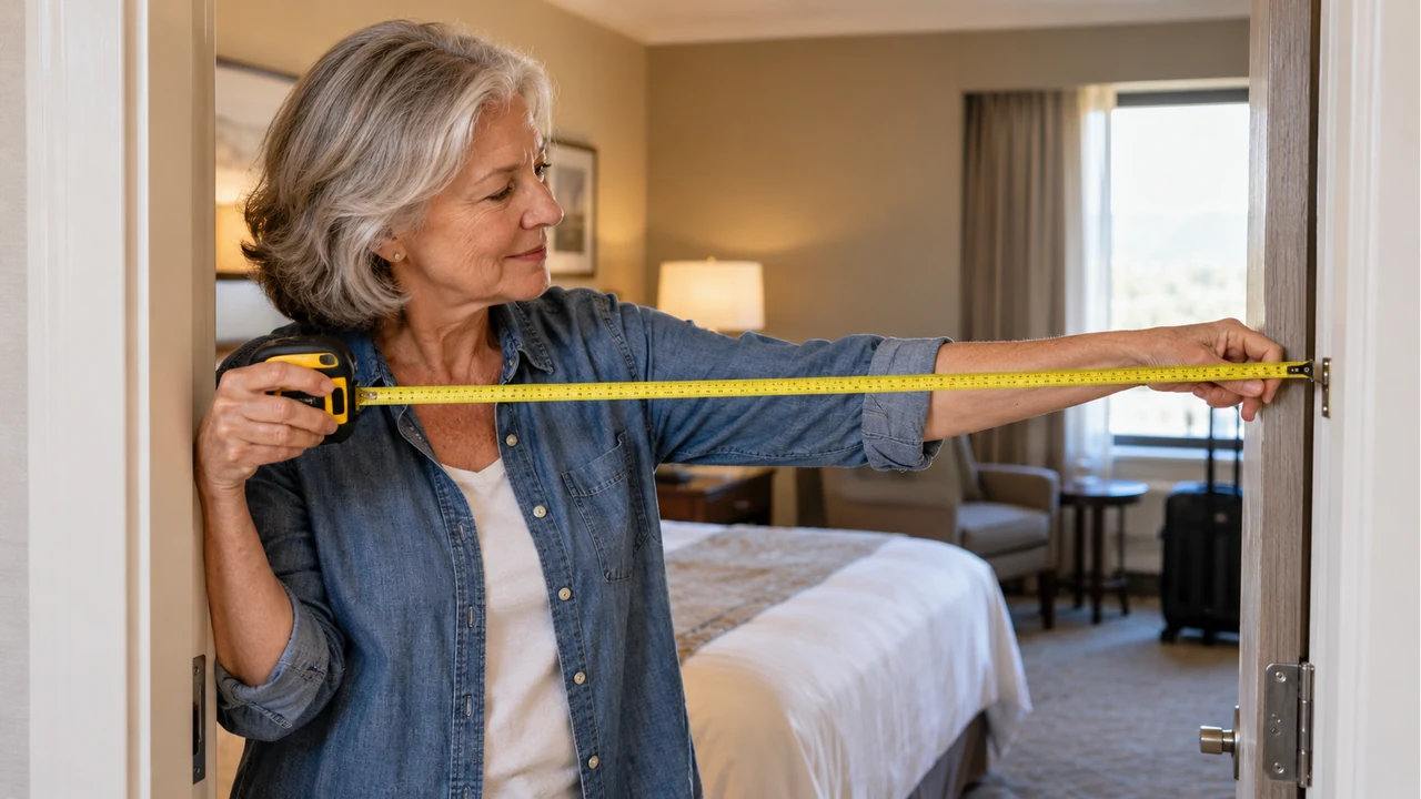 Traveler checking a hotel doorway opening with a tape measure