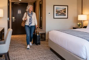 Mature traveler checking hotel room accessibility along the route beside the bed