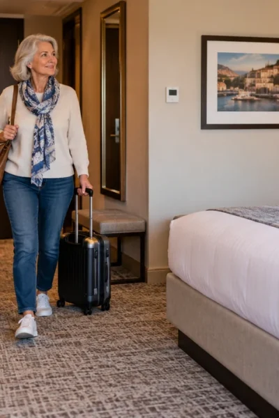 Mature traveler checking hotel room accessibility along the route beside the bed