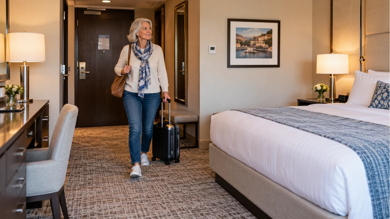 Mature traveler checking hotel room accessibility along the route beside the bed