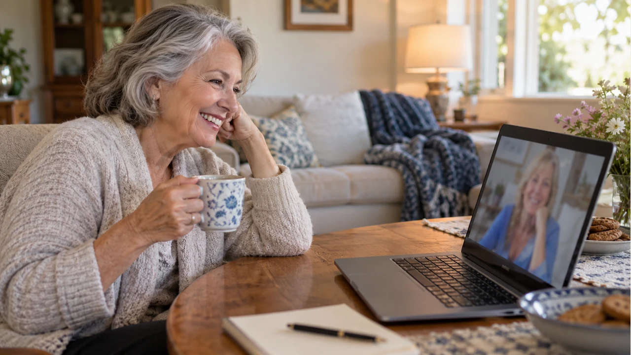 Woman making a relaxed video call from her living room