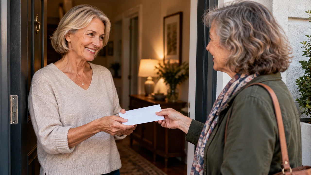 Two mature friends arranging a spare-key handover at a front door