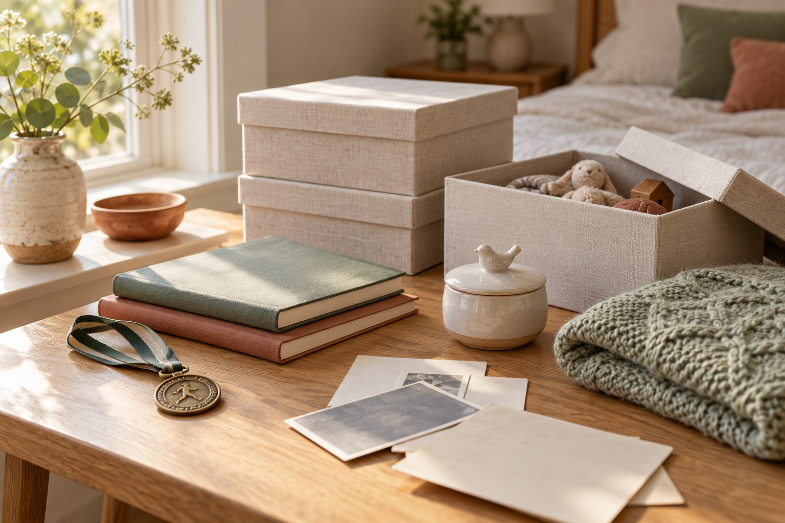 Childhood keepsakes, notebooks and a folded knitted item beside open storage boxes on an oak table.